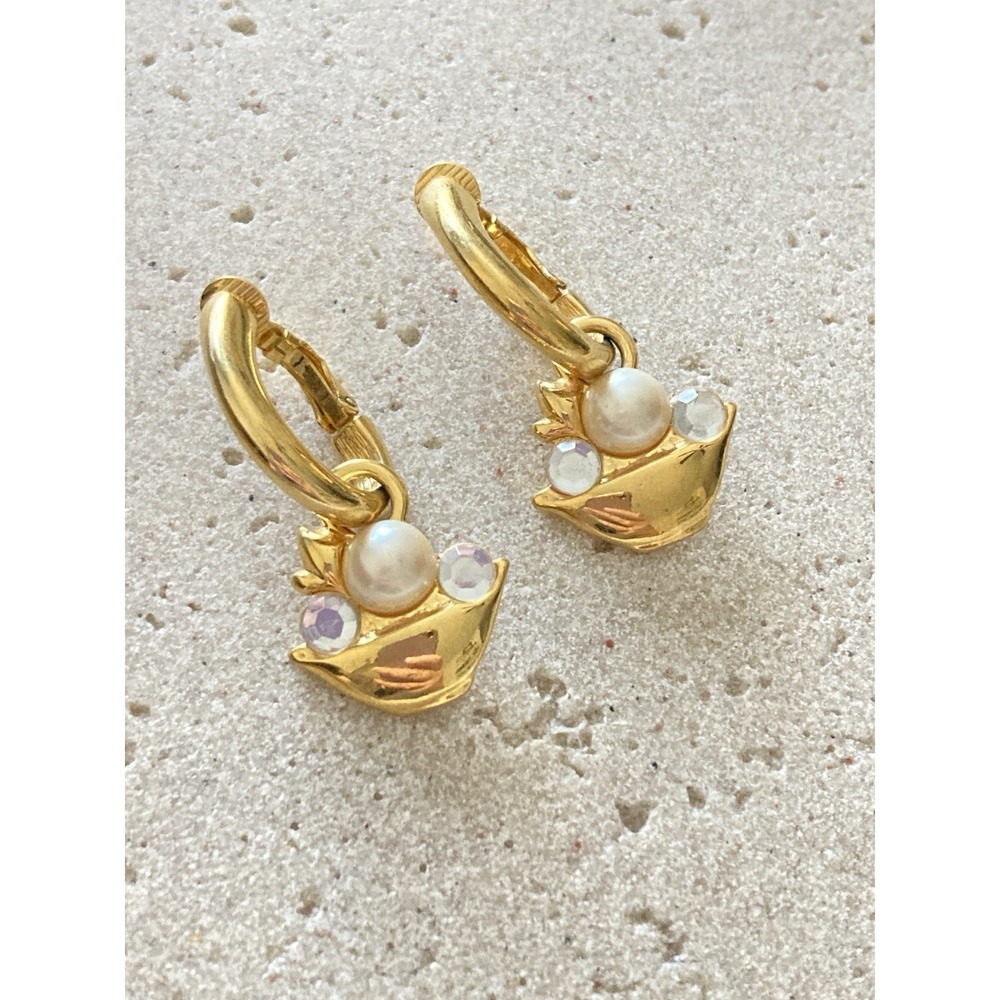 Vintage Liz Claiborne Earrings Gold Tone Faux Pearl AB Rhinestone Dangle Clip On